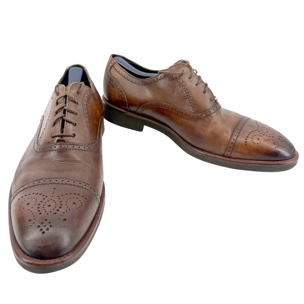 Johnston & Murphy Oxford Mens 12M Brown Italian Leather Cap Toe Brogue Italy